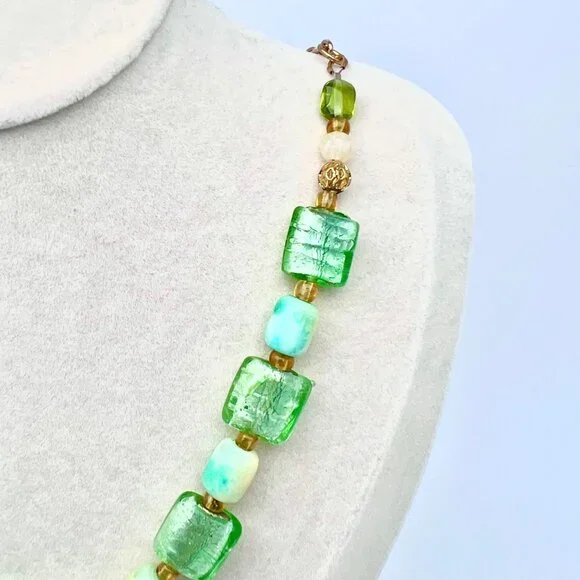 Art Glass Beaded Necklace Green Statement Pendant Toggle Clasp - Picture 4 of 10